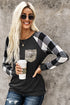 Plaid Splicing Sequined Pocket Long Sleeve Top